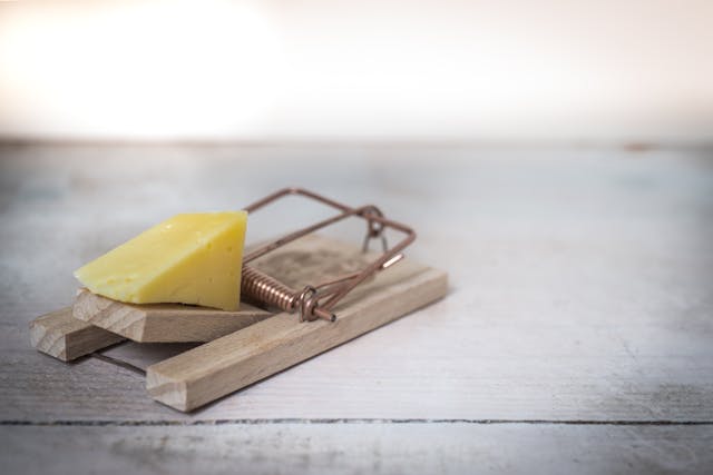 Piece of cheese on a mouse trap